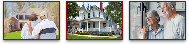 First image: Happy Senior Couple Looking at Front of House. Second image: Victorian Style Home. Third image: Middle aged senior retired couple standing near window, enjoying peaceful moment together at home.