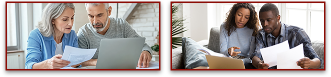 First image: Senior couple reviewing documents. Second image: Serious looking couple discussing paper documents.