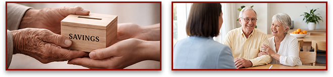 First image: Elderly hands passing a box that says SAVINGS to a younger person. Second image: Happy senior couple meeting with financial advisor.