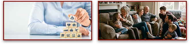 First image: Life insurance concept. Second image: Multigenerational family together in living room.