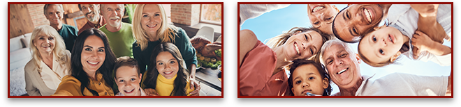 Two images - Closeup portrait photo of family in living room, and portrait of mother, father and grandparents with children enjoying family vacation.