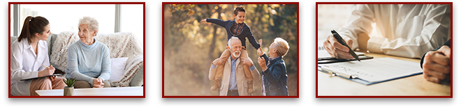 Three images - Doctor with senior woman in nursing home, Grandparents having a lovely autumn day with their grandson in nature, and man pointing to paper with pen.