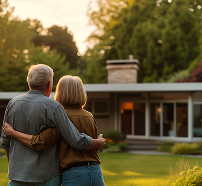 A senior couple in a warm embrace look towards their recently bought home at sunset.