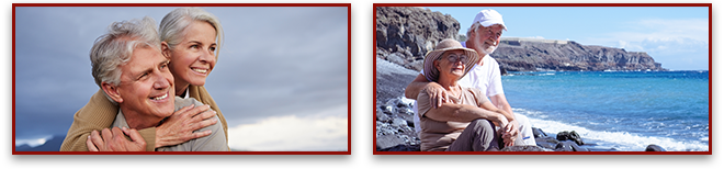 Two images - Senior husband and wife having peaceful day in nature and relaxed senior couple in peaceful vacation sitting on the seashore while waves splash on the beach.