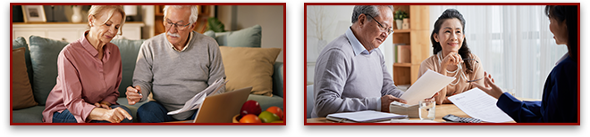 First image: Senior couple reviewing documents at home on their laptop. Second image: Couple consulting with attorney.