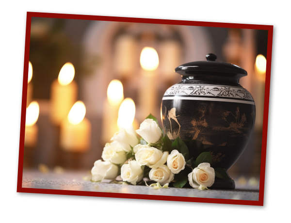 Urn with flowers sitting on altar. Candles burning in background.